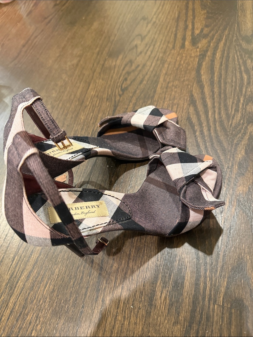 Burberry Pink and Brown Plaid Bow Heeled Sandals